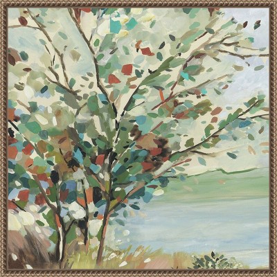 Vibrant Tree Branch Landscape Canvas Print with Brown Frame