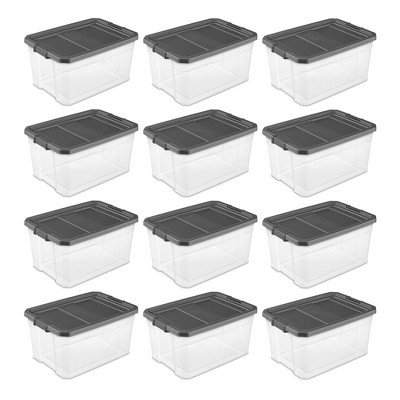 Sterilite 76 Quart Clear Plastic Modular Stacker Storage Bin Tote Container with Latching Lid, Clear Base, and Textured Surface, Flat Grey (12 Pack)