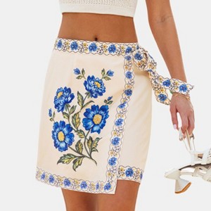 Cupshe Women's Bohemian Floral Print Wrap Mini Satin Beach Skirt-M
