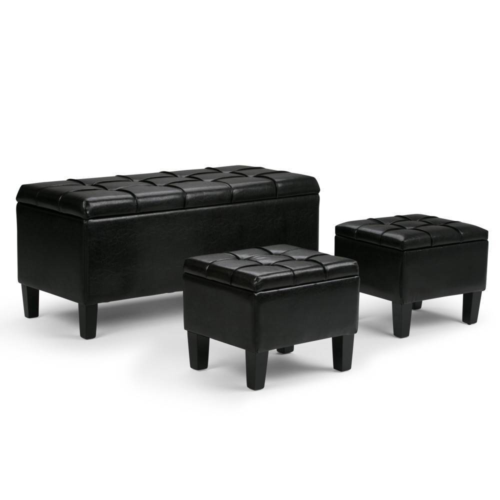 WyndenHall Lancaster 44" Wide Contemporary Rectangle Storage Ottoman in Midnight Black Vegan Faux Leather, Assembled