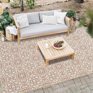 Washable Rug Vintage Floral Low Pile Rustic Carpet Foldable Non Slip Floor Mat for Patio Deck Balcony Dining Room, Rust - 1 of 4