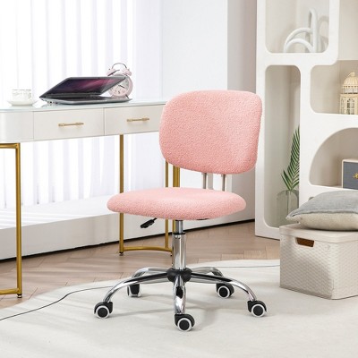 Cute Armless Office Chair, Teddy Fleece Fabric Computer Desk Chair, Vanity Task Chair with Adjustable Height, Swivel Wheels, Mid Back, Pink