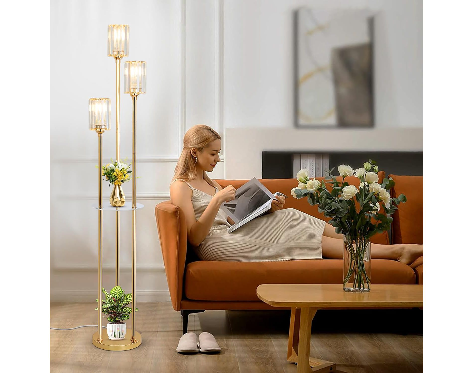 LOVSON Luxury golden floor lamp, Mid-century corner floor lamp with shelf, crystal shade, and switch, suitable for living room and bedroom