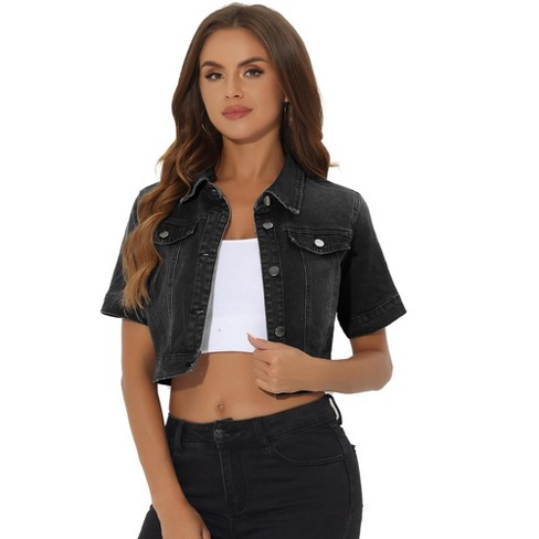 Inspire Chic Women s Casual Short Sleeves Crop Denim Jacket Black Small Target