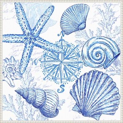 Coastal Blue Sea Shells and Starfish Canvas Wall Art in White Frame