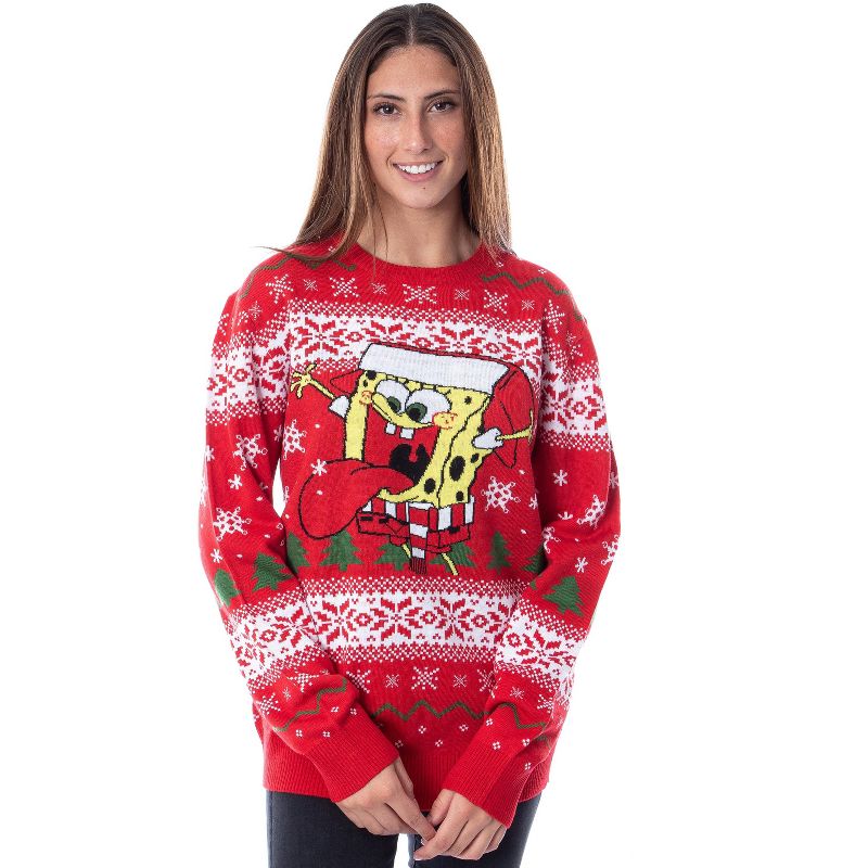 SpongeBob SquarePants Men's Snowflake Catching Ugly Sweater Knit Pullover, 2 of 5