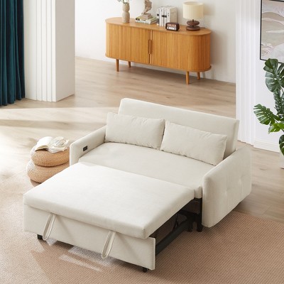LOVMOR 57.48" Pull-out Sofa Bed Convertible Couch 2 Seat Loveseat Sofa Modern Sleeper Sofa with Two Throw Pillows and USB Ports