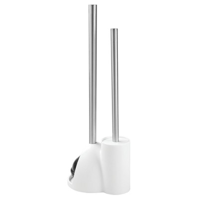 White Plastic Toilet Brush and Plunger Set with Stainless Steel Handles
