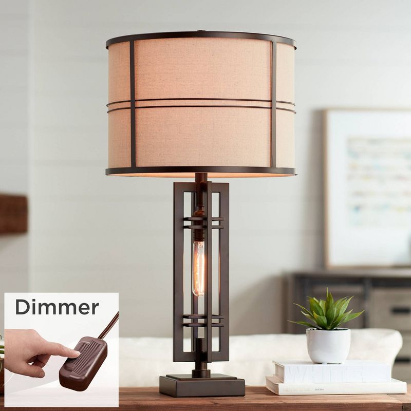 Franklin Iron Works Elias Modern Industrial Table Lamp 28" Tall Oiled Bronze with Table Top Dimmer Nightlight Off White Oatmeal Drum Shade for Bedroom, 2 of 9