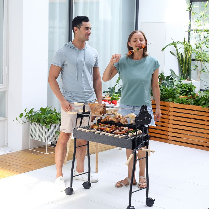 Outsunny Portable Charcoal BBQ Grills Steel Rotisserie Outdoor Cooking Height Adjustable with 4 Wheels Large / Small Skewers Portability, 4 of 10