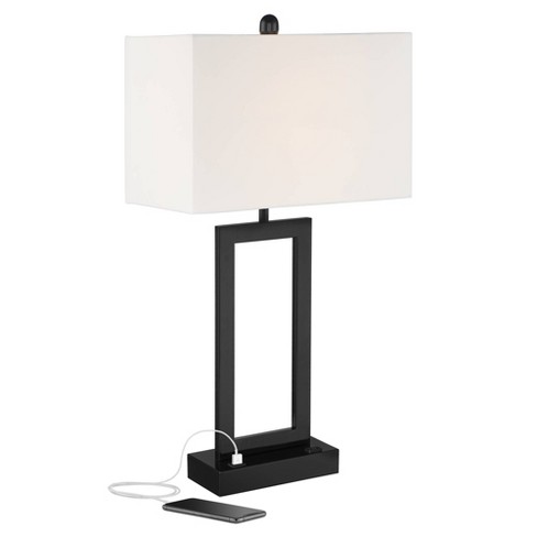 360 Lighting Modern Table Lamp with USB and AC Power Outlet 30 Tall Black  Metal White Rectangle Shade for Living Room Bedroom House