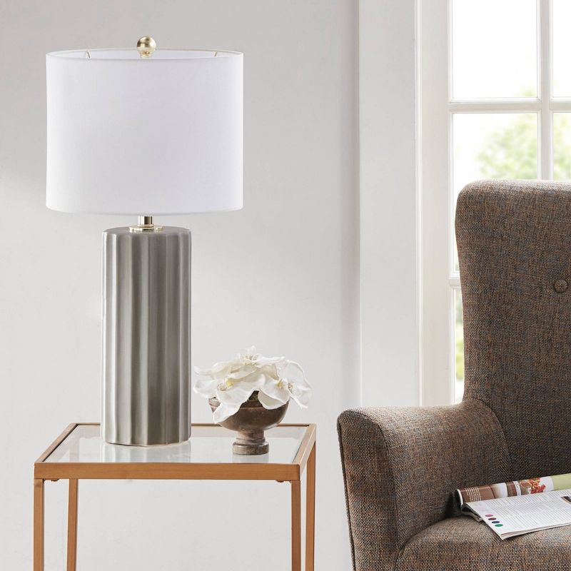 Tristan Ceramic Wood (Includes LED Light Bulb) Table Lamp with White Base and Cream Shade - Ink+Ivy, 1 of 8