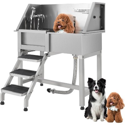 304 Stainless Steel Dog Washing Station, Pet Grooming Tub with Ramp & Non-Slip Grate, Professional Dog Bath Tub for Large to Small Dogs