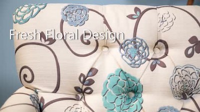 Large Blue and White Floral Microfiber Accent Chair with Wood Legs