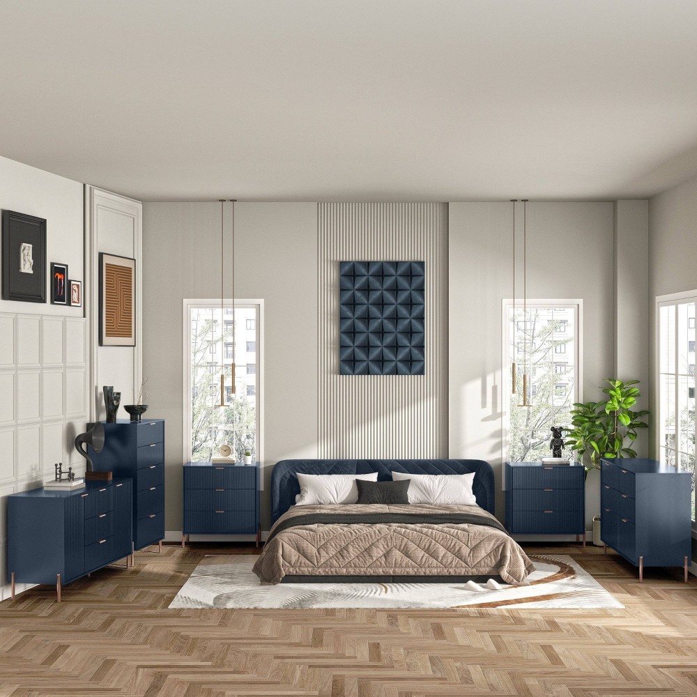 Festivo 5pc Modern Elegance Bedremm Chest and 2 Dressers and 3 Drawer Nightstands Set Navy