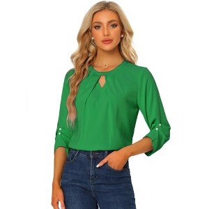 INSPIRE CHIC Women's Work Office Keyhole Pleated Front Ruched 3/4 Sleeve Chiffon Blouse - 1 of 4