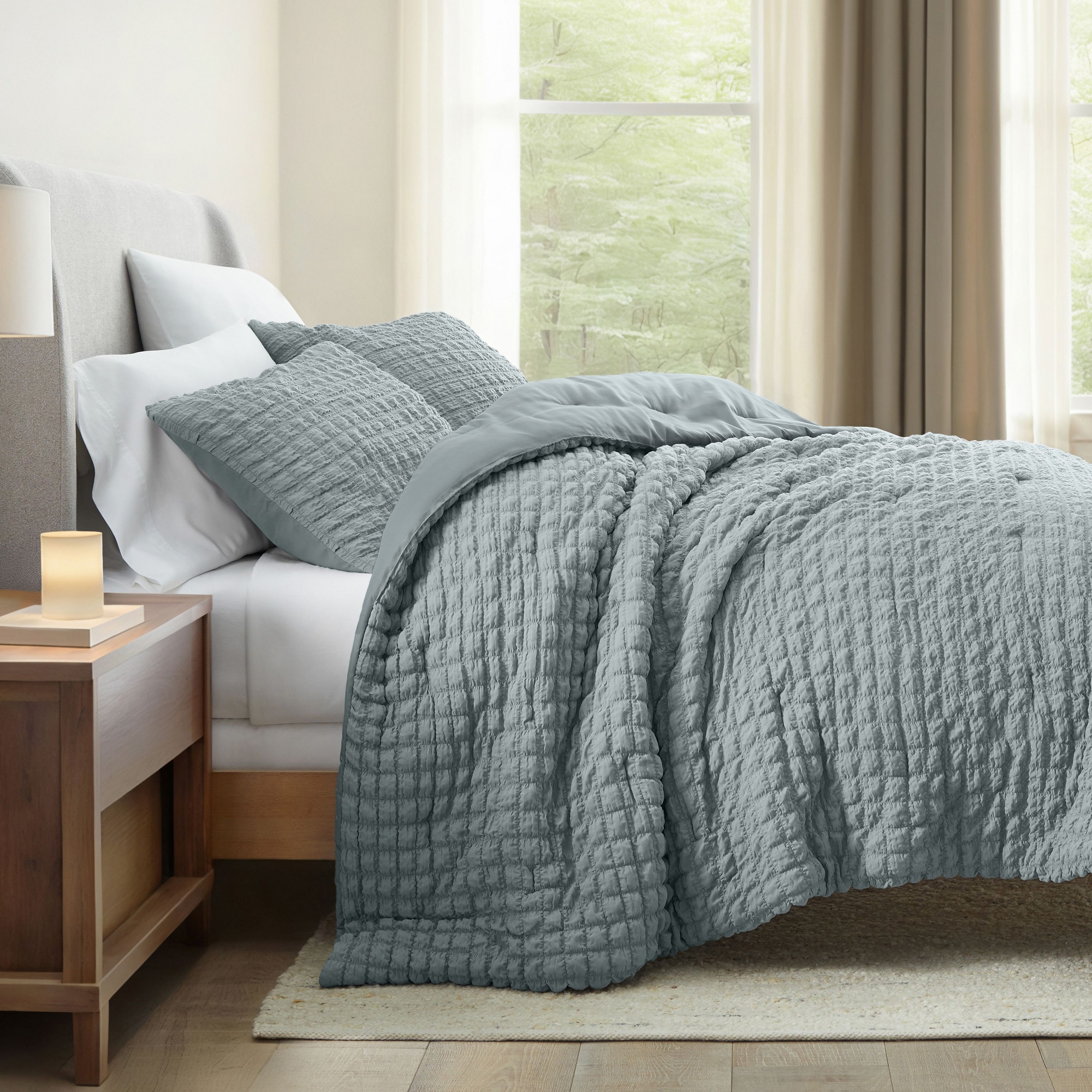 Seersucker Textured Comforter Set, All-Season Down Alternative Ultra Soft & Lightweight 3PC - Becky Cameron, Light Blue, Twin/Twin Extra Long