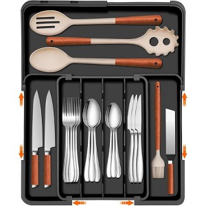 Attop Expandable Kitchen Drawer Organizer, Utensil Drawer Adjustable Plastic Flatware and Cutlery Holder Black - 1 of 4