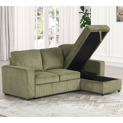 Green Corduroy Fabric Sectional Sofa with Storage Ottoman