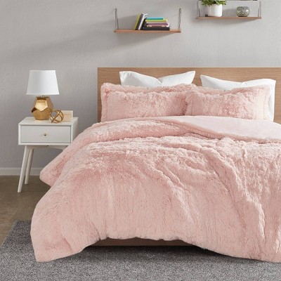 Blush Twin Shaggy Faux Fur Bedspread Cover Set