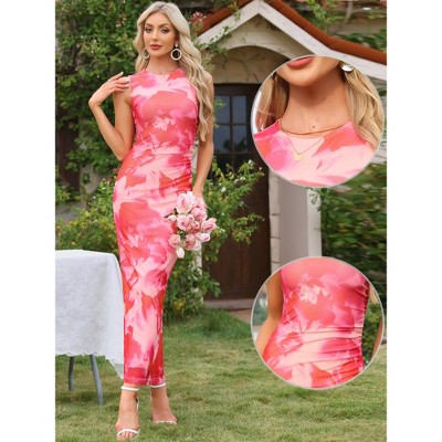 Женские платья INSPIRE CHIC Women's Floral Print Sleeveless Crew Neck Ruched Fitted Back Slit Bodycon Maxi Dress Small Pink — фото 2