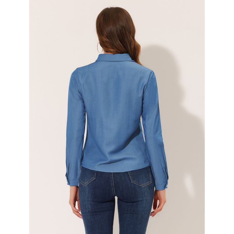 Allegra K Women's Point Collar Half Placket Casual Long Sleeve Chambray Blouse Shirts, 3 of 6