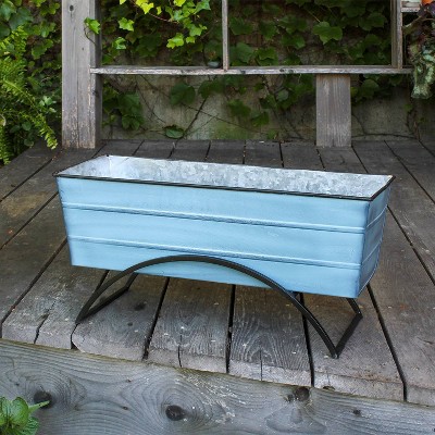Medium Blue Galvanized Steel Planter Box with Black Iron Stand