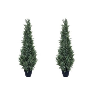 Artificial Cedar Topiary Trees Set of 2, Potted Faux Cypress Plant, UV Resistant Fake Evergreen Shrubs, Realistic Topiary Tree for Front Door - 1 of 4