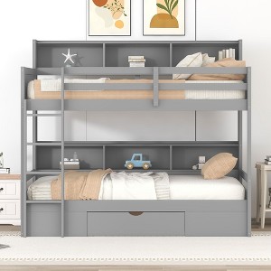 CAVINAS Twin Size Bunk Bed Modern Pine Bed Frame with Drawer, Storage Shelves and Ladder for Bedroom, Gray - 1 of 4