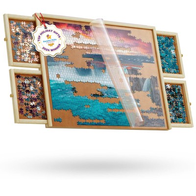 1000 Piece Wooden Jigsaw Puzzle Board - Non-Rotating Table, 30” X 22”, 4 Drawers & Plastic Cover