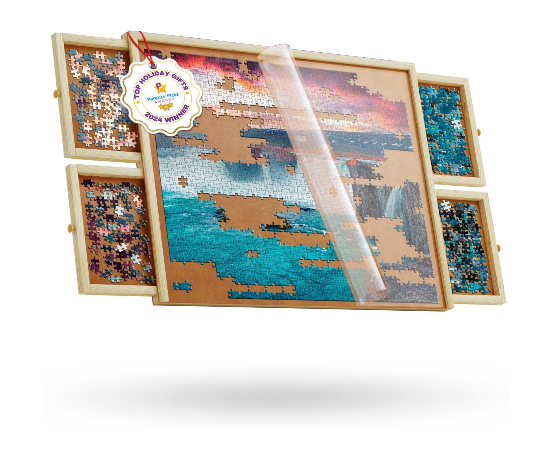 1000 Piece Wooden Jigsaw Puzzle Board - Non-Rotating Table, 30” X 22”, 4 Drawers & Plastic Cover