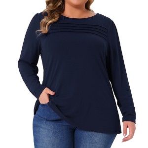 Women's Plus Size Crew Neck Front Tucks Detail Long Sleeve Solid Casual Basic Tunic Blouse - Agnes Orinda - 1 of 4