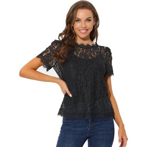 Allegra K Women's Lace Floral Scalloped Trim Short Sleeve Semi Sheer Top - 1 of 4