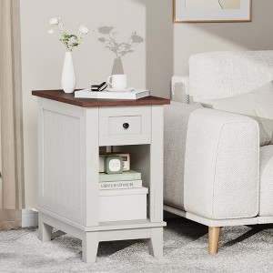 Jojoka Narrow Side Table with Charging Station, Small Farmhouse End Tables with Darwer and Shelf, Sofa Table, Nightstand for Living Room, Bedroom - 1 of 4