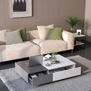 Mshliw Rectangular Coffee Table with Storage Shelf and Marble Finish, Two-Tone Patchwork Cocktail Table for Living Room, Dining Table, Sofa Table - 1 of 4