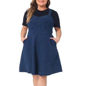 Agnes Orinda Women's Plus Size Denim Adjustable Straps Pockets Jean Overall A-Line Dresses - 1 of 4