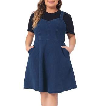 Agnes Orinda Women's Plus Size Denim Adjustable Straps Pockets Jean A-Line Overall Dresses