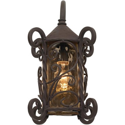 Rustic Dark Walnut Iron Scroll Outdoor Wall Light with Champagne Glass