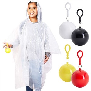Juvale 4 Pack Disposable Rain Ponchos for Kids with Hood and Attachable Round Case, Clear Plastic Raincoats for Emergency, Girls, Boys, White - 1 of 4