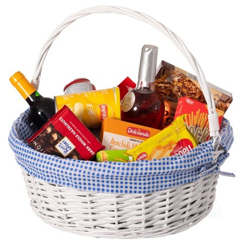 Traditional White Round Willow Gift Basket With Gingham Liner And Sturdy  Foldable Handles, Food Snacks Storage Basket : Target