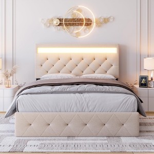 Queen / Full Size Upholstered Bed Frame with Adjustable Headboard Charging Station and LED Lights - 1 of 4