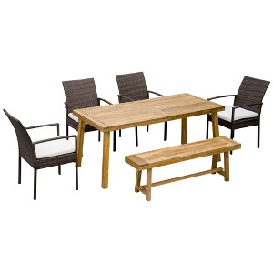 Outsunny Outdoor Dining Set for 6, Patio Dining Furniture Set with PE Wicker Chairs, Armrests, Wood Loveseat Bench & Dinner Table, Cushions, White - 1 of 4