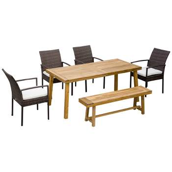 Outsunny Outdoor Dining Set for 6, Patio Dining Furniture Set with PE Wicker Chairs, Armrests, Wood Loveseat Bench & Dinner Table, Cushions, White