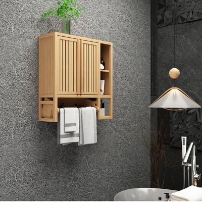 Natural Bamboo Wall Cabinet,Wall Mounted Cabine with Doors,Open Shelves And Towel Bar,Bathroom Storage Cabinet-Cuddlewood