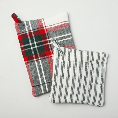 2pc Holiday Plaid & Stripes Potholder Set Red/Green - Hearth & Hand™ with Magnolia - image 1 of 3