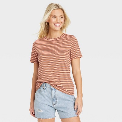 Women's Short Sleeve T-Shirt - Universal Thread™ Brown Striped