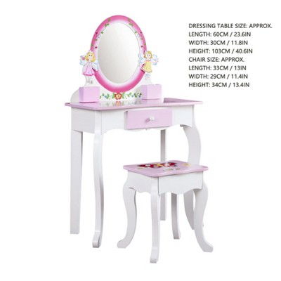 Angel Sar Kids Vanity Set, Floral Printed Wooden Makeup Dressing Table with Mirror and Stool, Pink Princess Role Play Furniture with Storage for Girls