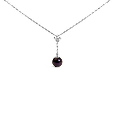 .925 Silver 8mm Black Pearl and Created White Sapphire Pendant Pendant Necklace