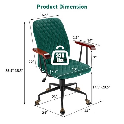 Green Velvet Adjustable Swivel Task Chair with Wooden Armrests