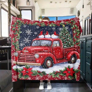 Rustic Christmas Red Truck Flannel Fleece Blanket, Festive RV Decorative Nap Throw, All Season Cozy Throw for Home. - 1 of 4